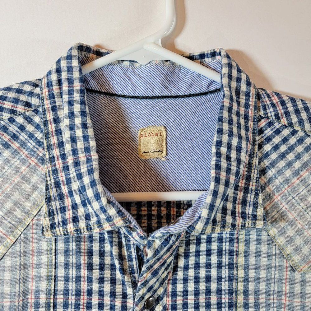 Global Arnold Zimberg Mens Large Blue Red White Checkered Snap Button Shirt - Picture 3 of 4